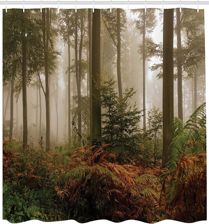 Ambesonne Forest Shower Curtain, Mystic Dark Fog Atmosphere Deep in The Woodland Silence Misty Early Morning Nature Art Image, Cloth Fabric Bathroom Decor Set with Hooks, 69" W x 84" L, Orange Brown