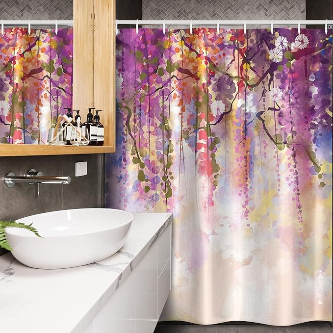 Ambesonne Japanese Stall Shower Curtain, Floral Country Style Watercolor Japanese Garden Flowers with Rain Backdrop, Fabric Bathroom Decor Set with Hooks, 54" W x 78" L, Peach Purple