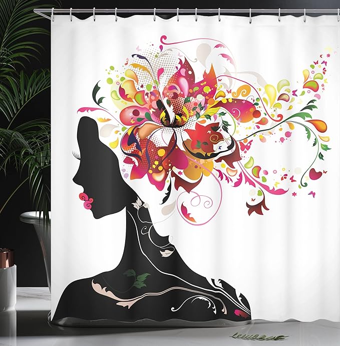Ambesonne Modern Shower Curtain, Modern Futuristic Design with Nature Harmony Woman Theme Artwork Image, Cloth Fabric Bathroom Decor Set with Hooks, 69" W x 84" L, Pink Black
