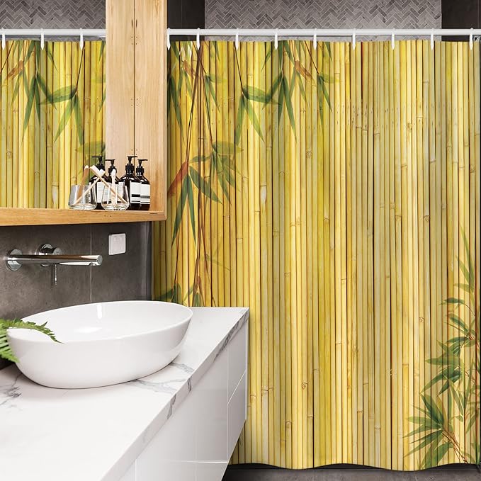 Ambesonne Asian Themed Stall Shower Curtain, Yellow Colored Woodland Background Tree Branches Exotic Scene Peaceful Art, Fabric Bathroom Decor Set with Hooks, 54" W x 78" L, Green