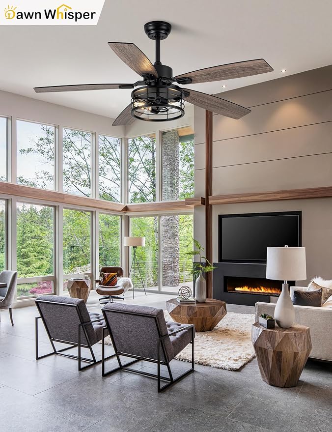 Dawn Whisper 52 Inch Farmhouse Ceiling Fans with Lights and Remote Quiet and Reversible DC Motor Black Industrial Rustic Caged Ceiling Fan for Bedroom Living Room Covered Patio