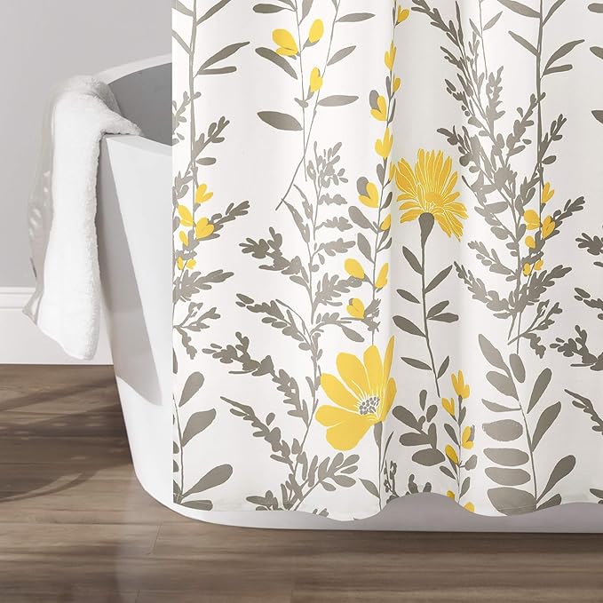 Lush Decor Aprile Floral Shower Curtain Single 72" W x 72" L, Yellow & Gray - Floral Shower Curtains - Bathroom Décor - Cottage Shower Curtain