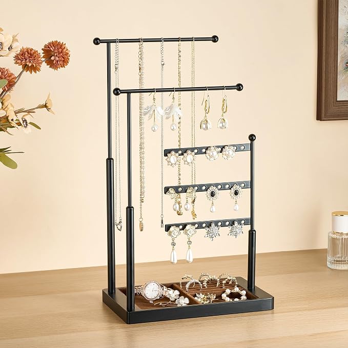 pickpiff Jewelry Organizer Holder Stand: 3 Tier Jewelry Storage Display for Necklace, Bracelet, Earring, Ring, Black & Brown