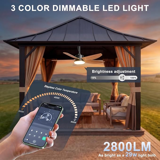Outdoor Ceiling Fan with Lights, 42 Inch Plug in Gazebo Fans with Remote APP Control, Quiet DC Motor, Dimmable 3CCT, Waterproof Hanging Fans for Patios, Porch, Wood Color