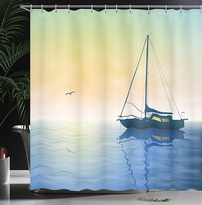 Ambesonne Ocean Shower Curtain, Sailing Boat in SeMisty Sunset Skynd Reflections on Water Picture, Cloth Fabric Bathroom Decor Set with Hooks, 69" W x 70" L, Pale Yellow Violet Blue