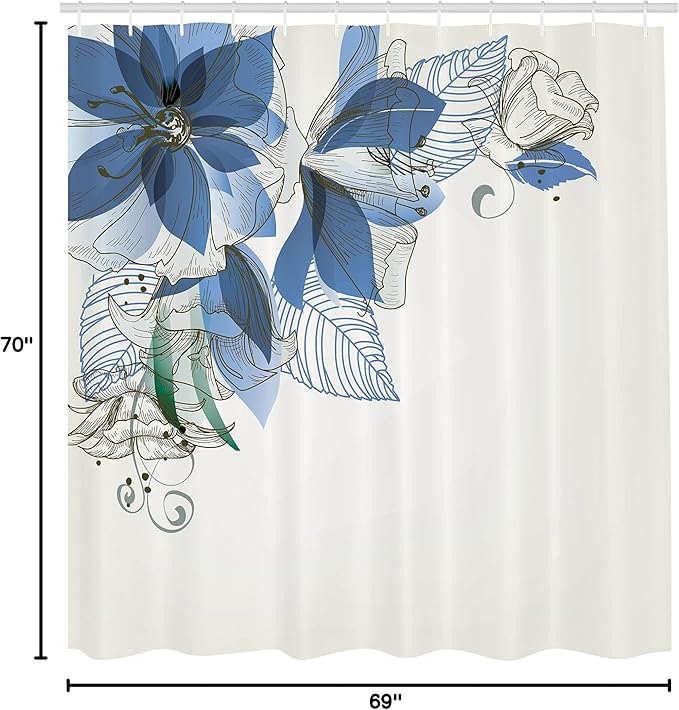 Ambesonne Flowers Shower Curtain, Buds Leaf at The top Left Corner Season Celebrating Theme Illustration, Cloth Fabric Bathroom Decor Set with Hooks, 69" W x 70" L, Azure Blue White