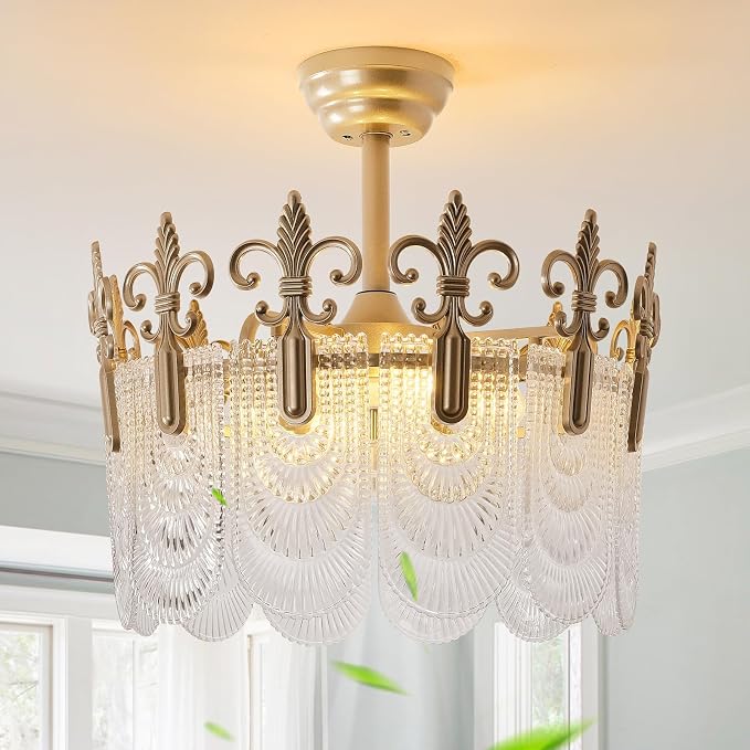 Gold Crystal Fandelier Ceiling Fan with Light,20" Gold French Chandelier Ceiling Fans with Lights Remote Control, Morden Mid-Century Caged with 6 Speeds for Bedroom, Nursery, Living Room