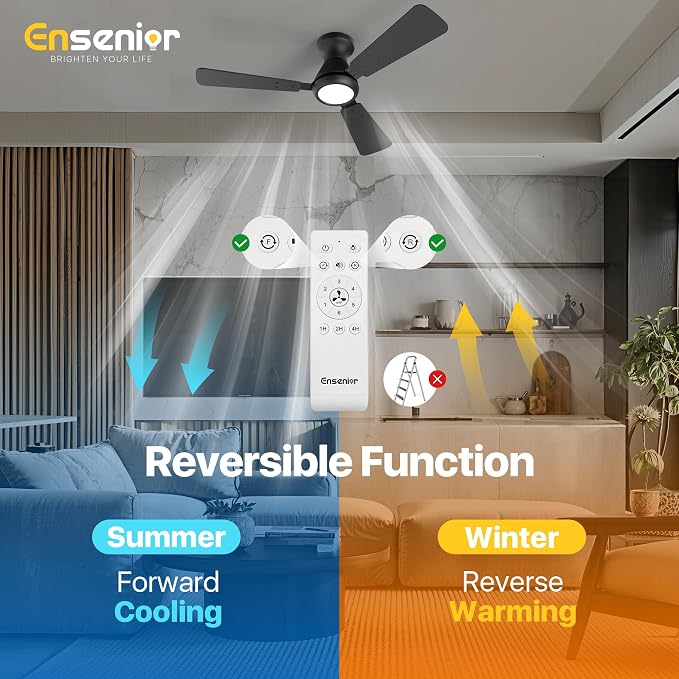 Ensenior 42 Inch Flush Mount Ceiling Fan with Light and Remote, Low Profile Ceiling Fans with Lights, 3 Blades (Black/Wood), Quiet DC Motor, 6 Speeds, 3 Color, Memory Function, Fan for Bedroom, Black
