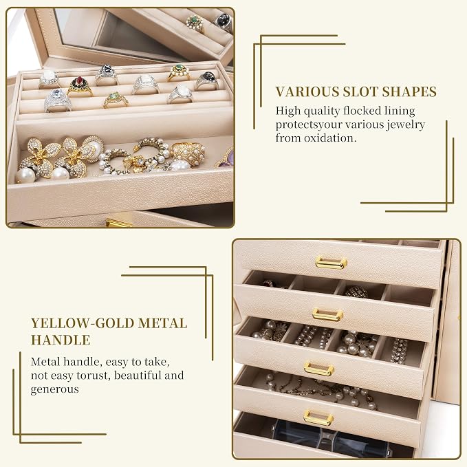 AKOZLIN 6-Tier Jewelry Box Organizer Functional 5 Drawers Leather Jewelry Storage Case for Women Girls Ring Necklace Earring Bracelet Holder Organizer with Mirror Extra Large Champagne
