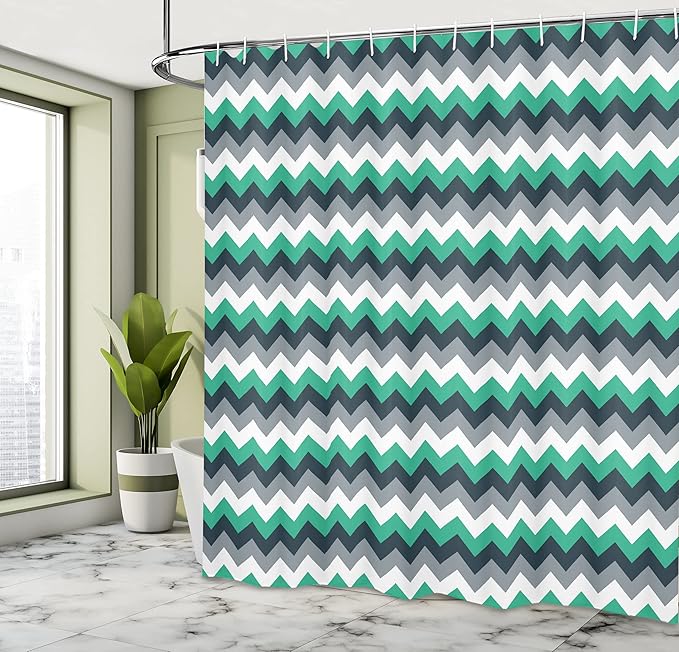 Ambesonne Chevron Shower Curtain, Zig Zag Symmetric Arrows Striped Pattern in Vibrant Color Artisan Print, Cloth Fabric Bathroom Decor Set with Hooks, 69" W x 70" L, Jade Green Grey White