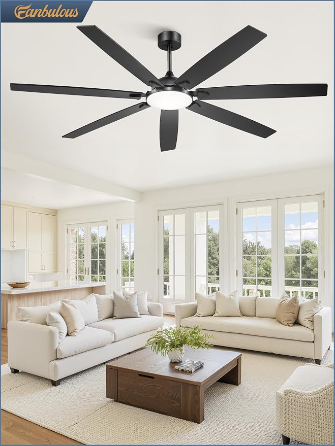 Fanbulous 72 Inch Large Ceiling Fans with Lights, Black Modern Ceiling Fan with Quiet DC Motor, 3CCT, Indoor/Outdoor Ceiling Fan with Dual Finish Reversible 7 Blades, Timer for Living Room, Patio