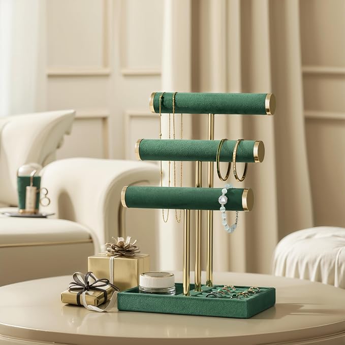Jewelry Organizer Stand Display, 3 Tier Velvet Bracelet Holder, Green | Jewelry Organizers and Storage | Jewelry Tree | Jewelry Towers for Necklaces, Bracelets, Earrings, Rings