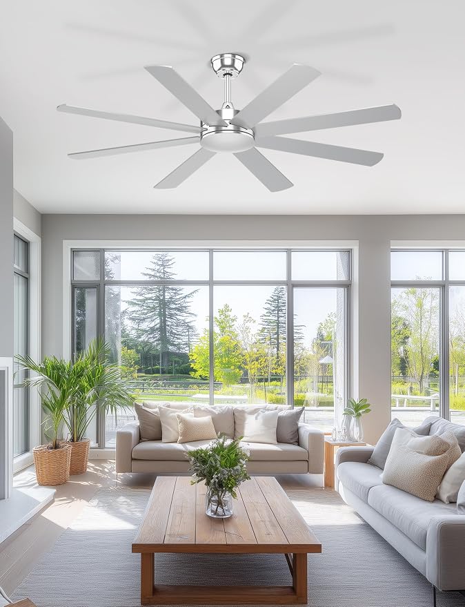 60'' Silver Ceiling Fan With No Lights for Indoor/Covered Outdoor | Remote/APP Control, 5980 CFM Airflow, Quiet DC Motor, Reversible Airflow, 8 Blades Modern Overhead Fan for Patio, Garage