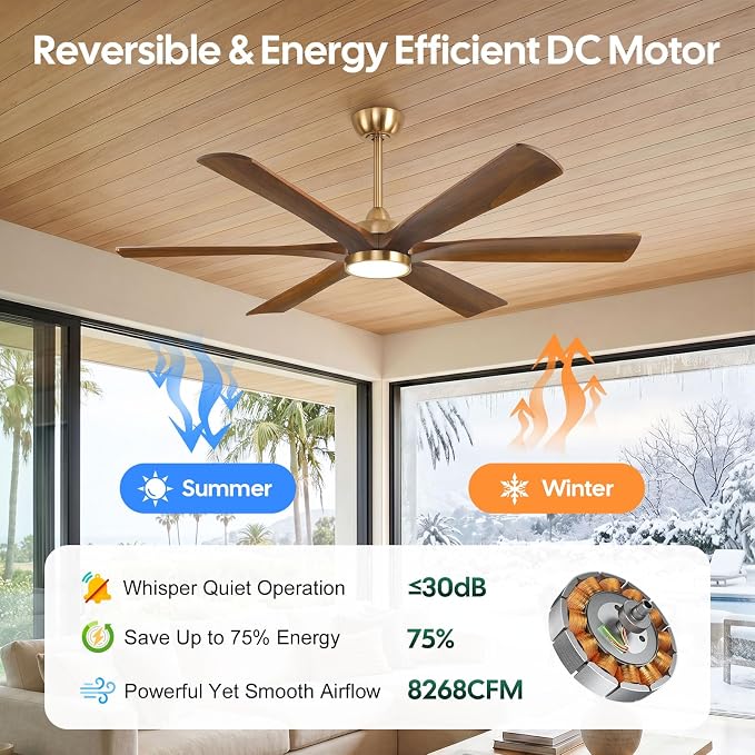 60 Inch Smart Outdoor Ceiling Fan with Lights, Gold Brass Walnut Finish, 6 Solid Wood Blades, Remote/Alexa/App Control, High CFM Quiet DC Motor, Modern Farmhouse Style for Indoor Large Room