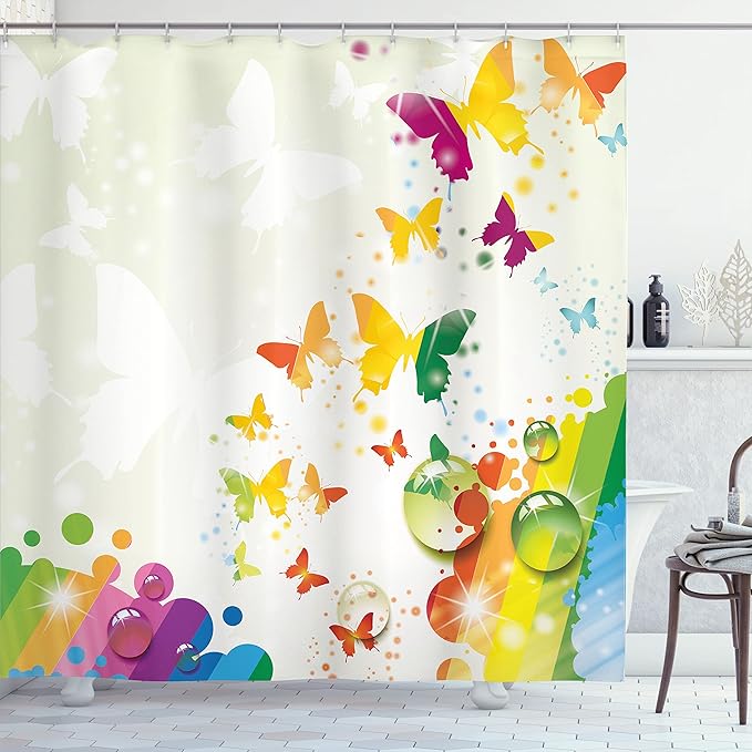 Ambesonne Colorful Shower Curtain, Silhouettes of Butterflies Freedom of The Nature Festival Art Print, Cloth Fabric Bathroom Decor Set with Hooks, 69" W x 70" L, Pale Green White Multicolor