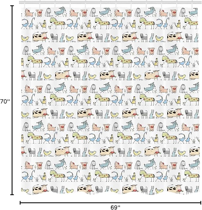Ambesonne Retro Shower Curtain, Cartoon Village of Domestic Animals Goat Goose Sheep Funny Patterns, Cloth Fabric Bathroom Decor Set with Hooks, 69" W x 70" L, Yellow Beige
