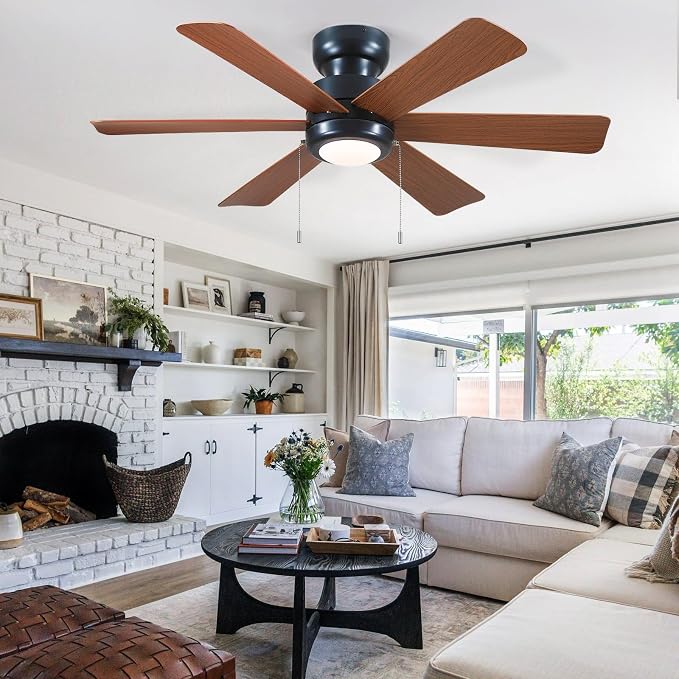 Hounberi 46" Low Profile Black Ceiling Fan Pull Chain with Light and Remote | Flush mount modern design. Features 3-CCT dimmable LED & quiet reversible motor. Ideal airflow for bedroom & living room