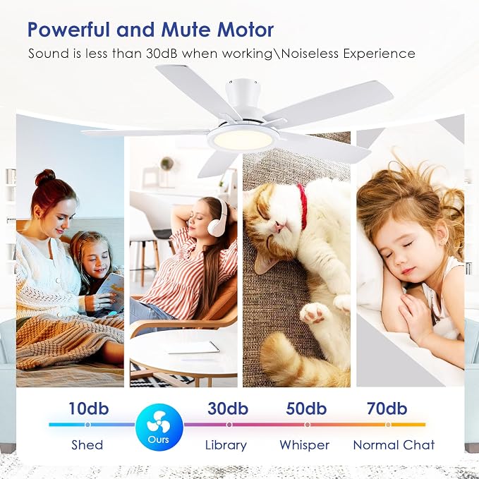 BYKISTOK 52In Flush Mount Ceiling Fans with Lights - White Low ProfileCeiling Fan with Remote/APP, Reversible, 3CCT Dimmable, Modern Fan Light for Indoor Living Room, Outdoor Covered Patios