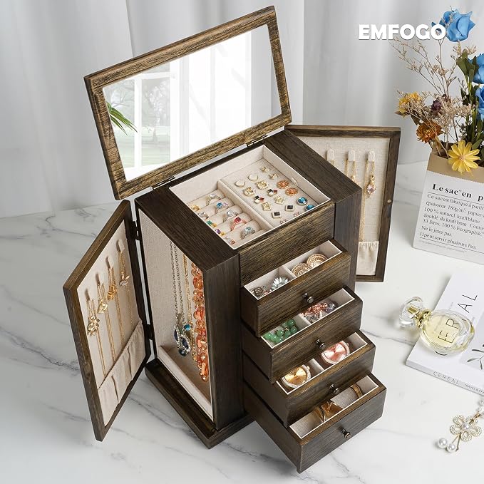 Emfogo Jewelry Box for Women, 5 Layer Large Wood Jewelry Boxes & Organizers for Necklaces Earrings Rings Bracelets, Rustic Jewelry Organizer Box with Rattan, Drawers and Mirror(Vintage)