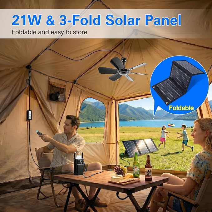 Portable Ceiling Fan, USB Plug-In, 5V DC Powered, 6 Blades, Indoor/Outdoor RV Camping Tent Canopy, Hanging, Quiet Operation (with power bank and solar panel)