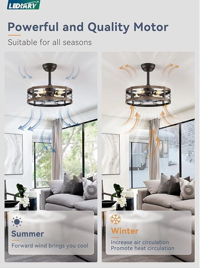 LEDIARY 18 Inch Caged Ceiling Fan with Light, Fandelier Farmhouse Ceiling Fan with Remote, Small Bladeless Fan Lights Ceiling Fixtures for Kitchen, Bedroom, Outdoor-Black and Gold