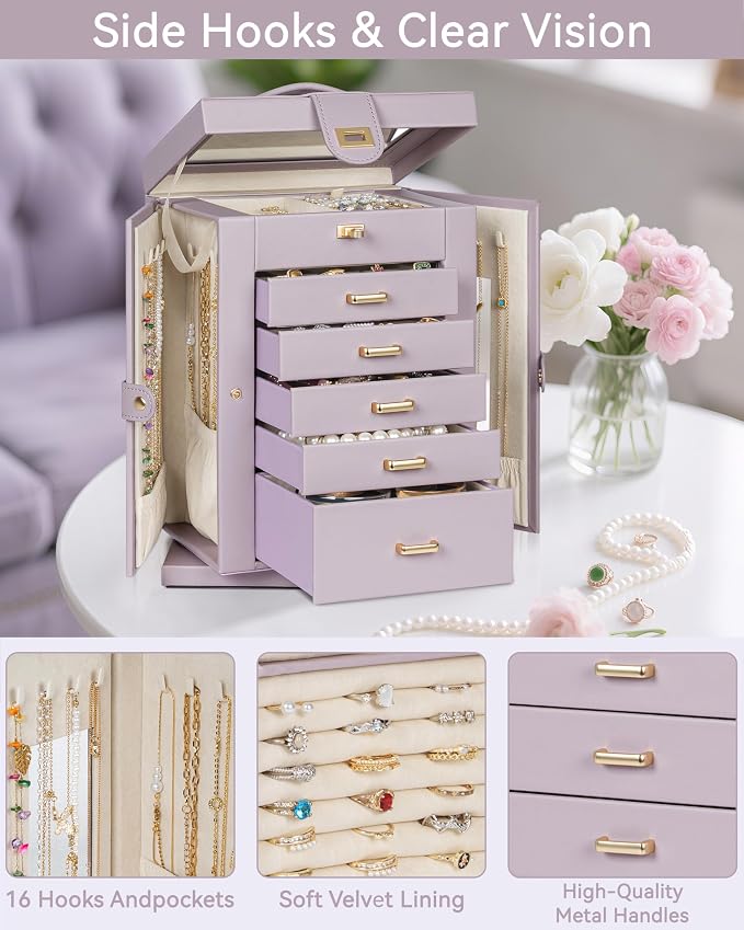 AKOZLIN 6-Tier Jewelry Box Organizer Functional 5 Drawers Leather Jewelry Storage Case for Women Girls Ring Necklace Earring Bracelet Holder Organizer with Mirror Purple 360° Rotating