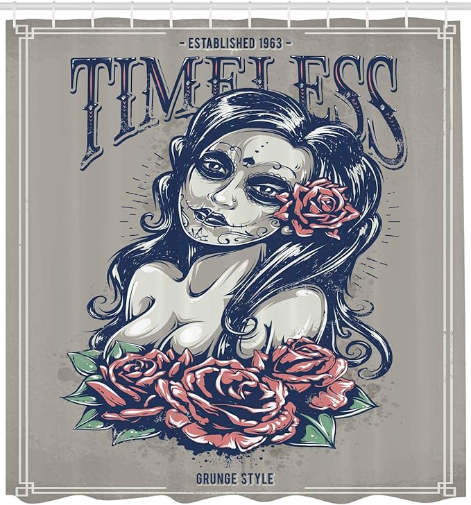 Ambesonne Skull Shower Curtain, Day of The Dead Woman Drawing Portrait Tattoos Roses Lady Sign Gothic Grunge Style Art Graphic, Cloth Fabric Bathroom Decor Set with Hooks, 69" W x 75" L, Night Blue