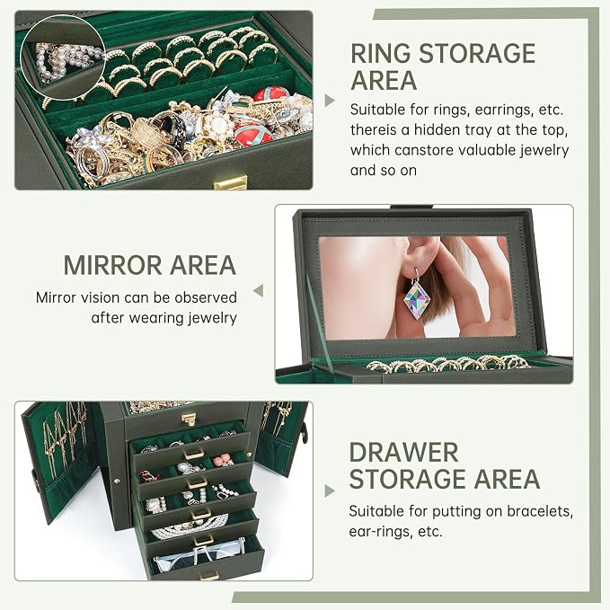 AKOZLIN 6-Tier Jewelry Box Organizer Functional 5 Drawers Leather Jewelry Storage Case for Women Girls Ring Necklace Earring Bracelet Holder Organizer with Mirror Medium Dark Green