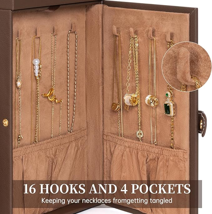 AKOZLIN 6-Tier Jewelry Box Organizer Functional 5 Drawers Leather Jewelry Storage Case for Women Girls Ring Necklace Earring Bracelet Holder Organizer with Mirror Medium Brown