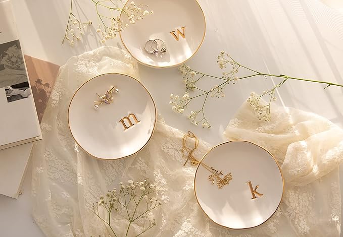 COLLECTIVE HOME Ceramic Jewelry Tray, Trinket Dish, Gifts for Women (V) | Mother's Day, Birthday, Christmas, Engagement Gifts, Vanity, Nightstand Decor, Embossed Gold Monogram Ring Dish with Gift Box