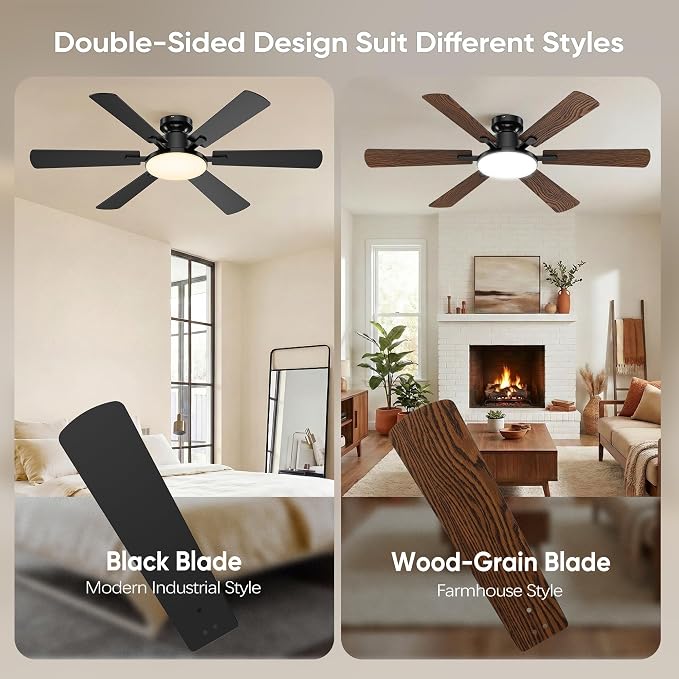 52 Inch Ceiling Fans with Lights, 6 Double Sided Blades, Ultra Quiet Reversible DC Motor, Remote & APP Control, 6 Speeds, 3CCT Dimmable LED with Memory Function, Flush Mount for Living Room, Black