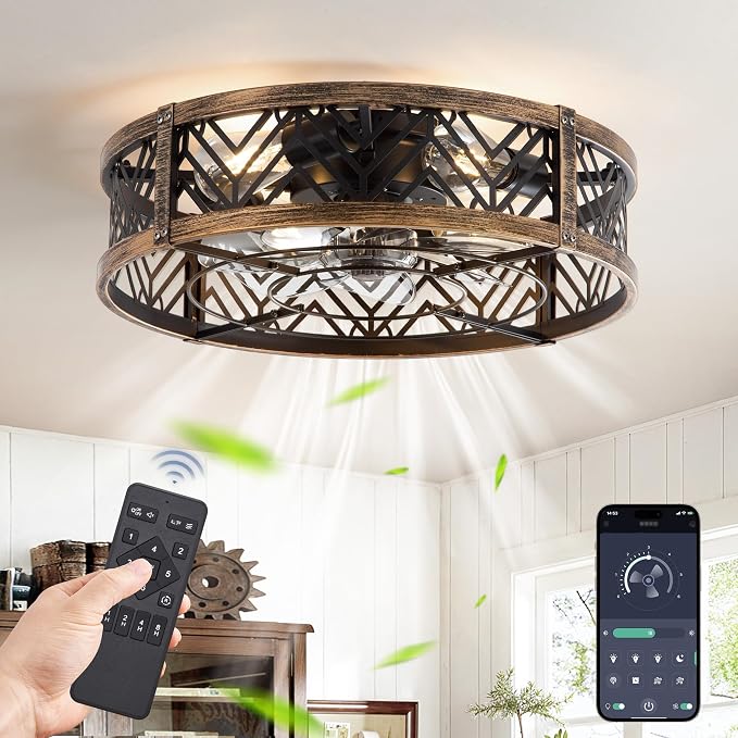 LEDIARY 20" Caged Ceiling Fan with Light, Small Flush Mount, App&Remote Control, Low Profile Bladeless Fan Light Fixture 6 Speed, Reversible and Quiet Motor-Black Gold