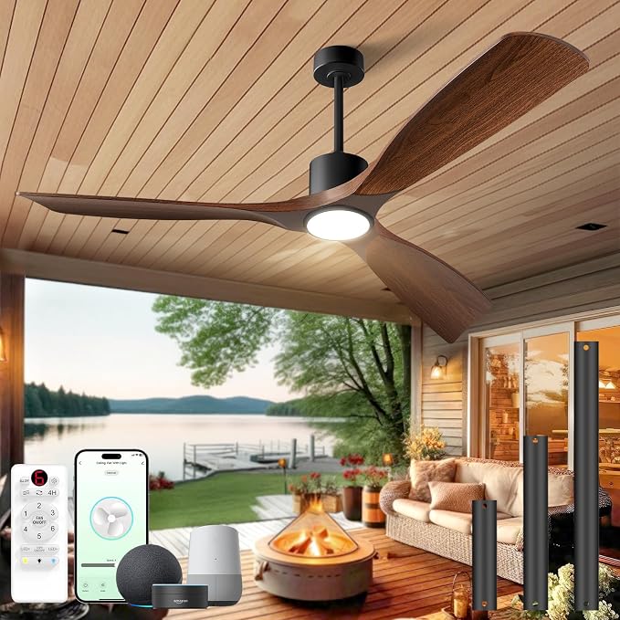 Ceiling Fans with Lights, Ceiling Fans with Lights and Remote, 60 inch Modern Smart Ceiling Fan with Light, Outdoor Ceiling Fans for Patios 3 Blade Bedroom Living Room Porch(Dark Walnut)