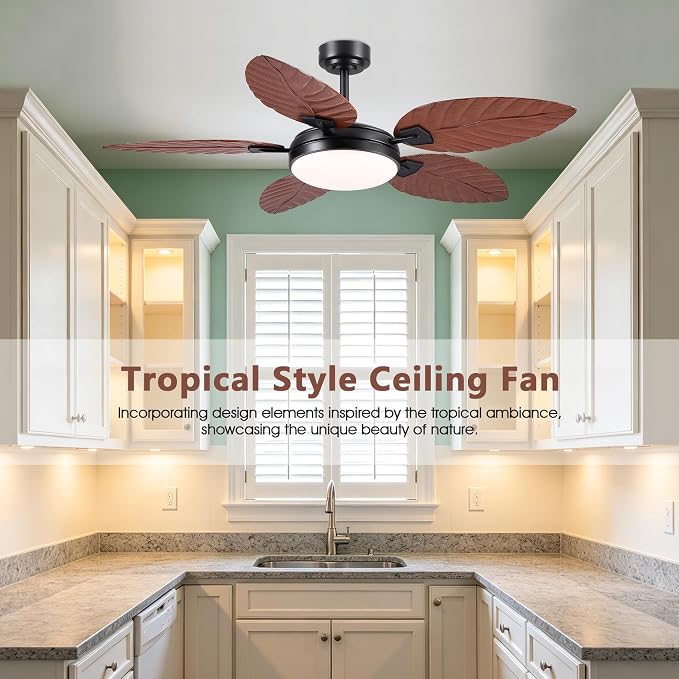 GJeg Tropical Ceiling Fans with Lights and Remote,52Inch Outdoor Palm Leaf Ceiling Fan for Patios Porch Bedroom, Dimmable LED Light, 6 Speeds, Reversible,Brown