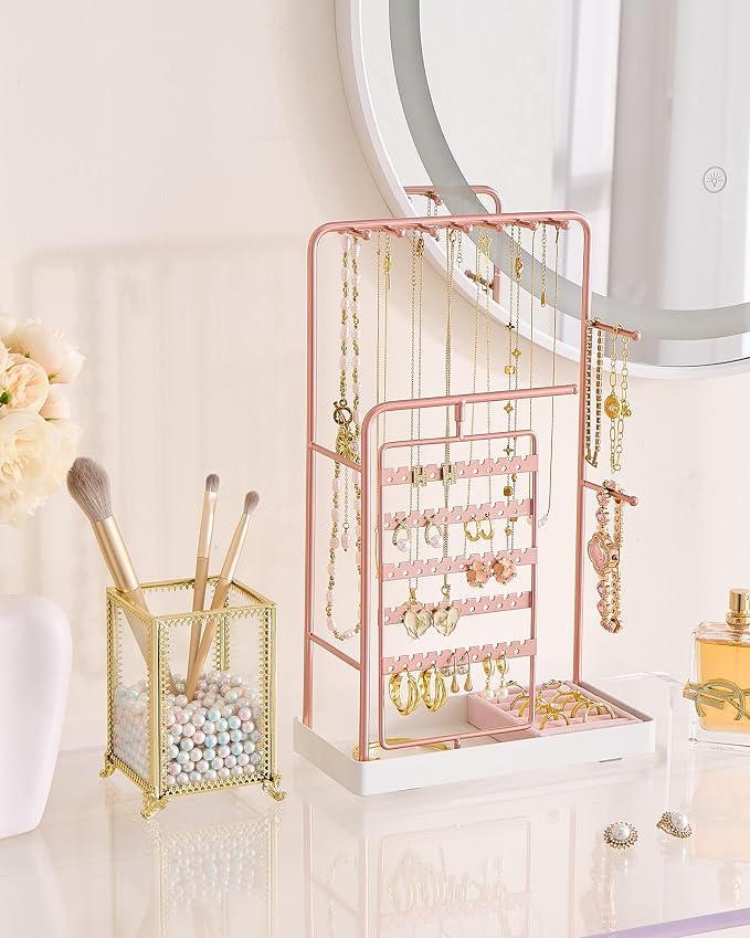 ProCase Jewelry Stand Holder Organizer and Storage, Rosegold (No-Assembly) | Rotating Earring Bracelet Holder Storage, Hanging Jewelry Display Velvet Ring Tray, Teen Girls Birthday Gifts Room Dorm Decor