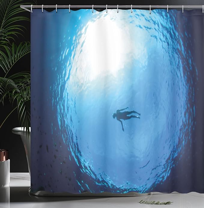 Ambesonne Summer Shower Curtain, Woman Swimminglone in The Seinside View Diving Ocean Exotic Peaceful Scenery, Cloth Fabric Bathroom Decor Set with Hooks, 69" W x 70" L, Blue Navy