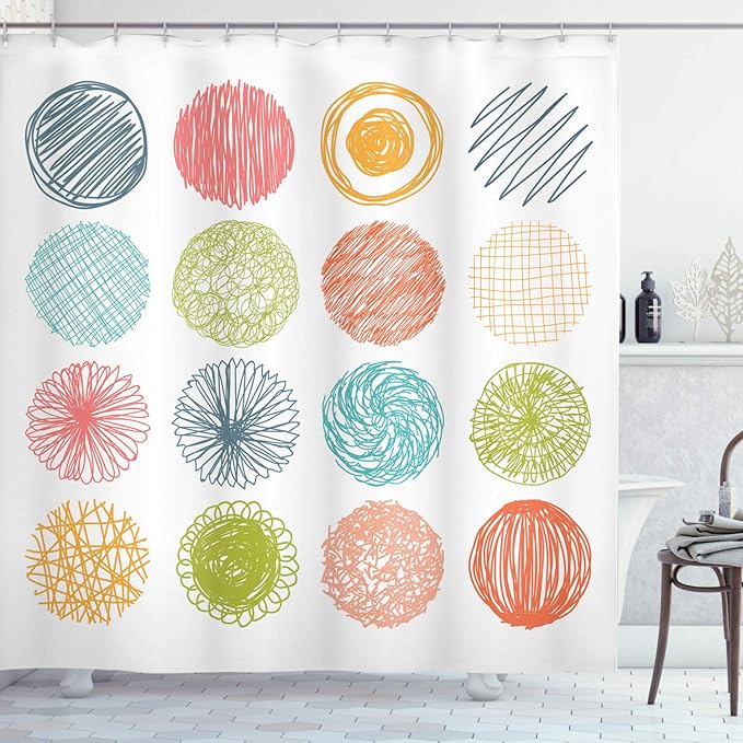 Ambesonne Colorful Shower Curtain, Doodle Style Scribble Composition Circles Stripes Joyful Illustration, Cloth Fabric Bathroom Decor Set with Hooks, 69" W x 75" L, Orange Coral
