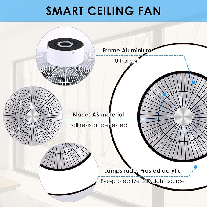 24" Bladeless Ceiling Fans with Lights and Remote/APP Control, Low Profile Ceiling Fan with 3-Dimmable Lights, Enclosed Flush Mount Ceiling Fan for Kid's Bedroom/Living Room