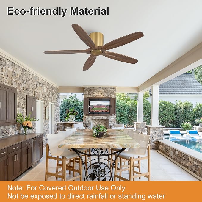 WINGBO 54" Flush Mount Ceiling Fan No Light - 5 Carved Solid Wood Blades, 6-Speed Reversible DC Motor, Dimmable, 3CCT, Low Profile Ceiling Fans without Lights for Bedroom Living Room, Gold and Walnut