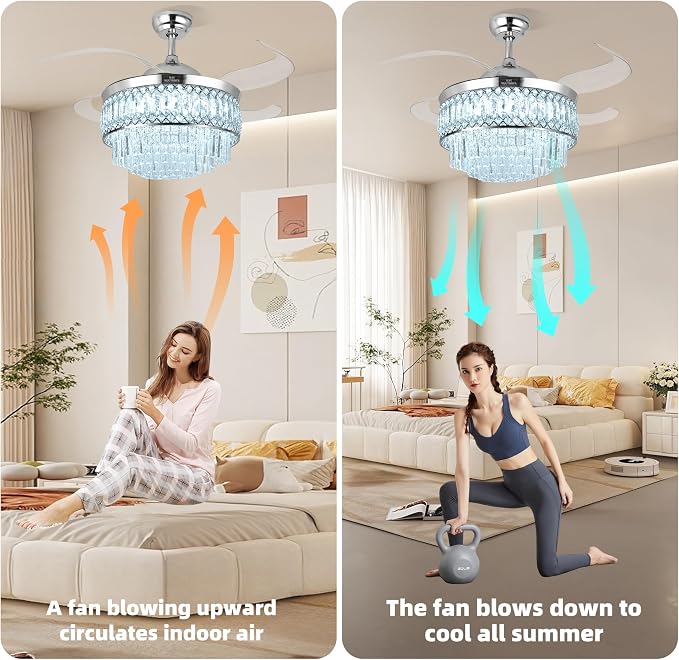 Retractable Crystal Ceiling Fan with Lights, Bluetooth Ceiling Fan with Speaker, 6-Speed Reversible Blades, RGB-LED Light, Remote & APP Control Crystal Chandelier for Bedroom Living Room 42"