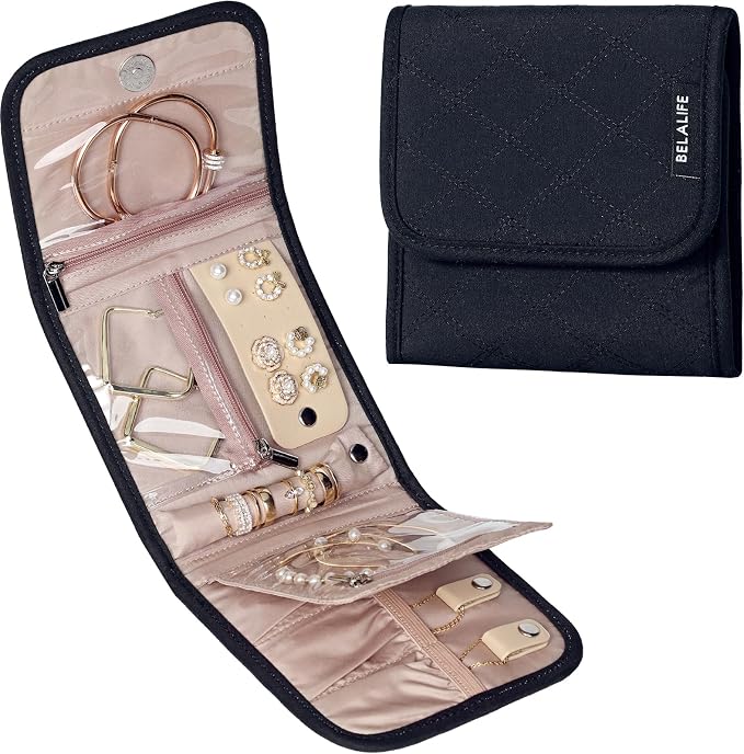 BELALIFE Travel Jewelry Case, Jewelry Organizer Roll for Accessories | Bag with foldable roll design for earrings, necklaces, rings, bracelets and brooches, Black