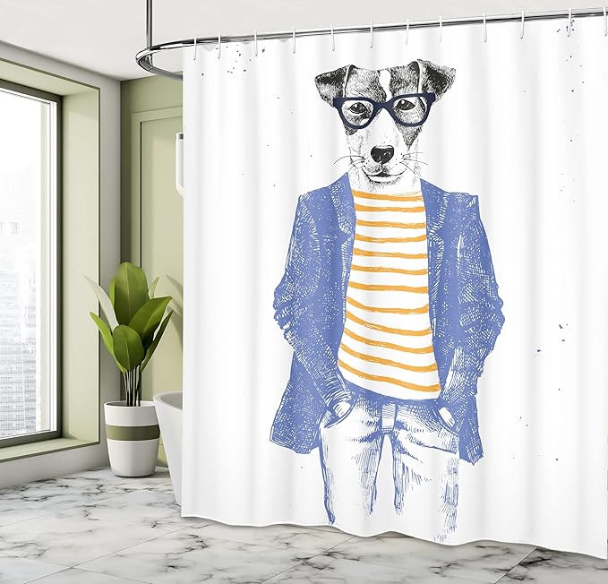 Ambesonne Quirky Shower Curtain, Hipster Jack Russell Dog Glasses Hand Drawn Sketchy Fashion Animal Fun, Cloth Fabric Bathroom Decor Set with Hooks, 69" W x 75" L, Ceil Blue