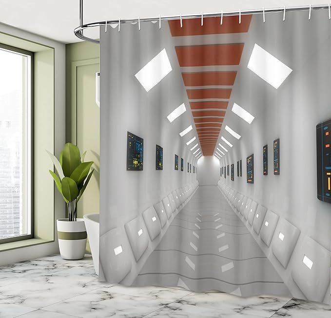 Ambesonne Futuristic Shower Curtain, Space Station UFO Futuristic Hallway with High Technology Laboratory Photo Artwork, Cloth Fabric Bathroom Decor Set with Hooks, 69" W x 75" L, White