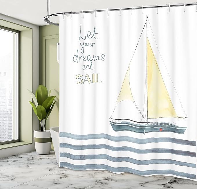 Ambesonne Nautical Shower Curtain, Let Your Dreams Set Sail Words Stripes Yacht Interior Navigation Theme, Cloth Fabric Bathroom Decor Set with Hooks, 69" W x 84" L, Pale Blue White