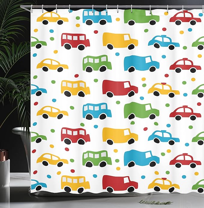 Ambesonne Cars Shower Curtain, Vivid Colored Silhouettes of Transportation Vehicles Bus Taxi Automobile Pattern, Cloth Fabric Bathroom Decor Set with Hooks, 69" W x 75" L, Orange Green Blue