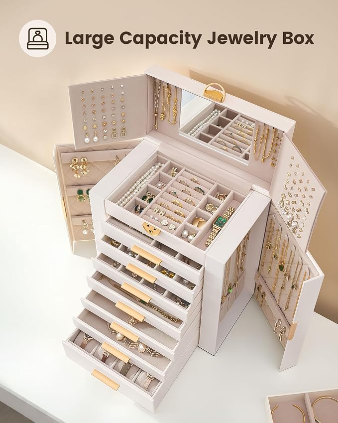Lolalet Large Jewelry Box Organizer for Women, 8-Layer Jewelry Organizers and Storage Case with Mirror & 7 Drawers, Lockable Watch Ring Earring Bracelet Necklace Holder Girls Gift -8Layer, Beige