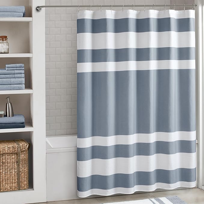Madison Park Spa Waffle Shower Curtain Pieced Fabric Extra Long Premium Spa Quality Modern Shower Curtains for Bathroom, Tall 72x84, Indigo Blue