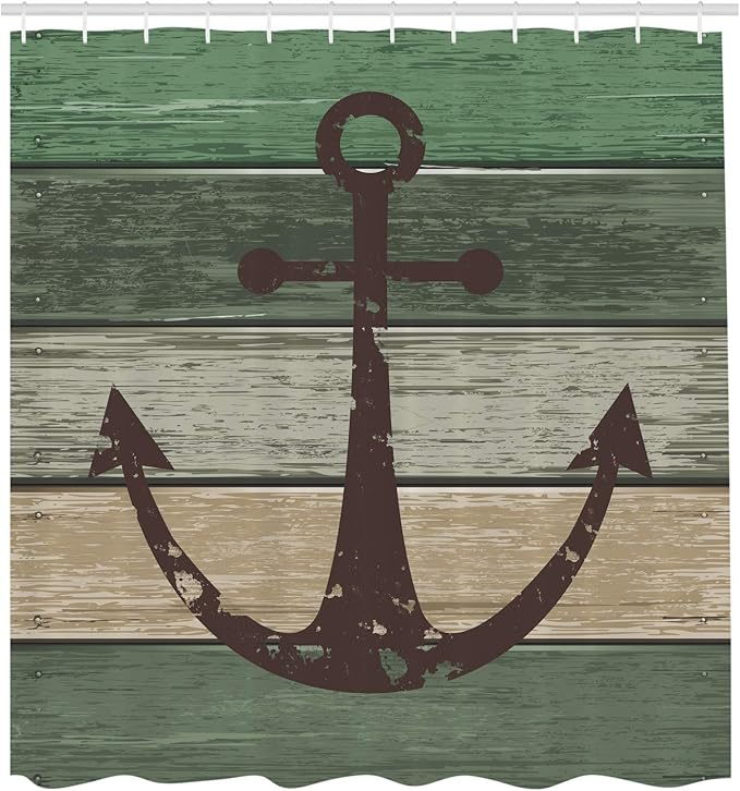 Ambesonne Anchor Shower Curtain, Marine Symbol Grungy Rustic Planks in Nature Camo Tones, Cloth Fabric Nautical Decor for House Bathroom Set with Hooks Included Decoration, 69" W x 70" L, Green Khaki