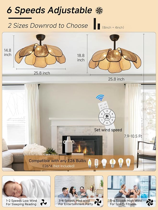 26 Inch Fandelier Rattan Ceiling Fans with Lights and Remote,Boho Black Chandelier Ceiling Fan for Dining Living Room,Bedroom,Kitchen,4-Light