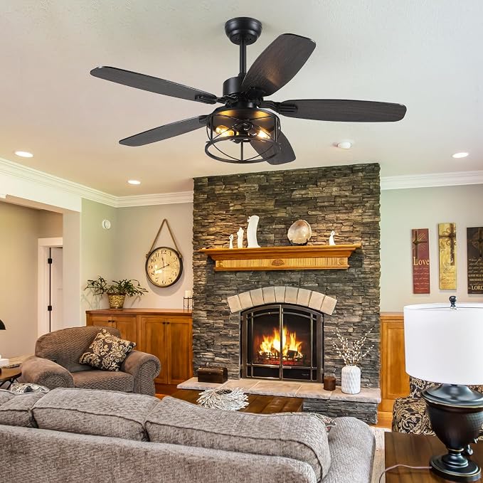 Hounberi 52 Inch Farmhouse Ceiling Fan with Light and Remote Control | 5 Dual Finish Blades, 6 Speeds, Quiet, Reversible DC Motor, Black Industrial Caged Ceiling Fan for Bedroom, Living Room